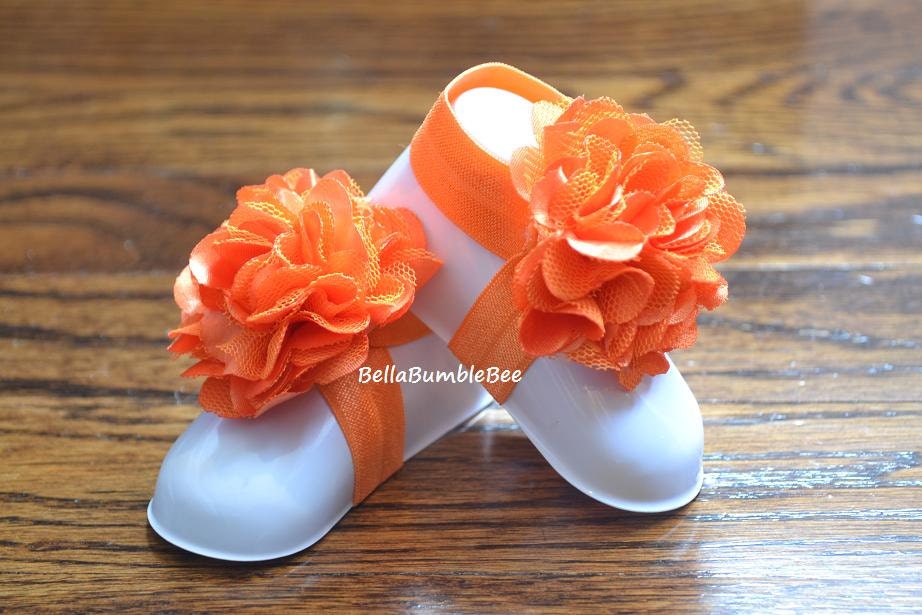Orange Baby Barefoot Shabby Flower Sandals for Newborn Infant Baby or Toddler Girls, Bottomless Sandles, Baby Clothes Thanksgiving Halloween