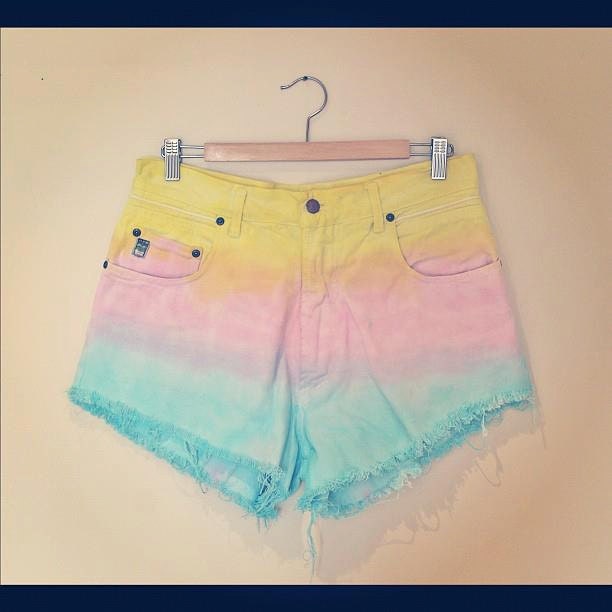 Rainbow dip dye ombre vintage high waisted denim shorts