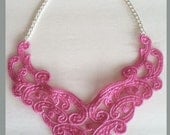 Bright Pink Lace Bib Statement Necklace New Style - 16 inch