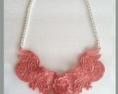 Coral Dyed Lace Bib Statement Necklace - 18 inch