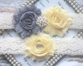 Yellow and Grey Bridal Garter and Toss Garter - Pale yellow and Gray Wedding Garter Set - Ivory or White Stretch Lace