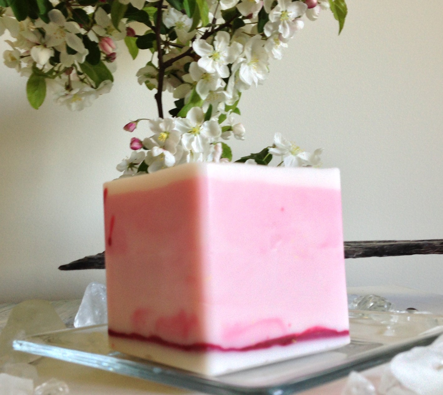 Soy wax candle, scented, block of 3"x3"x3" apple blossom colors
