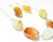 Geometric Nugget Necklace and earring combo - Natural Red and White Agate Faceted Nuggets ,Opal faceted crystals and Gold