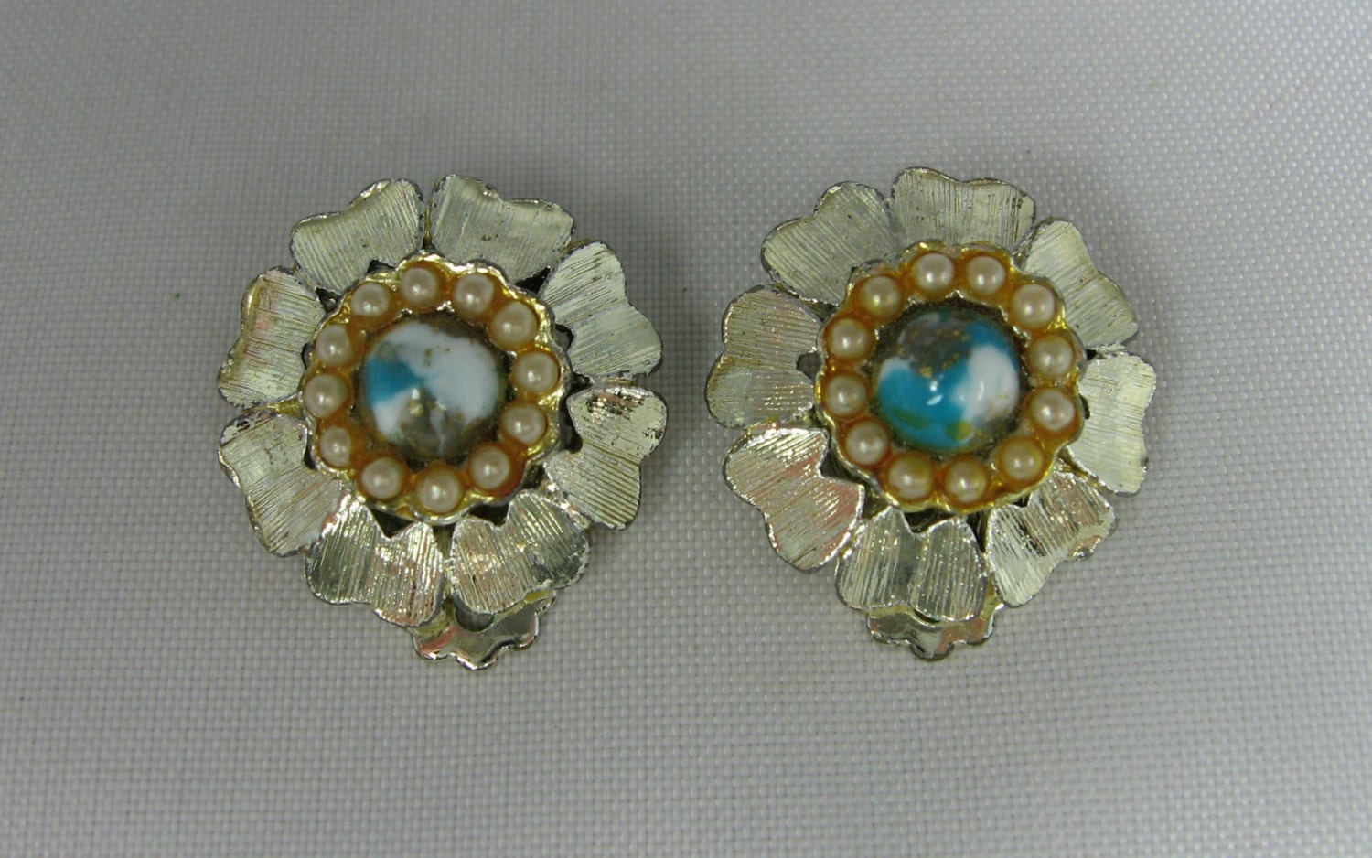 Vintage Blue White Plastic Cab Faux Pearl Clip Earrings