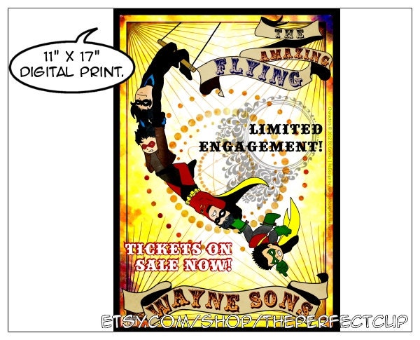 The Amazing Flying Wayne Sons Graysons DC Comics Parody print Nightwing Red Hood Robin Batman circus poster