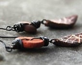 beach pebble stone and Petra's tribal sgraffito shields primitive rustic terracotta and brown ceramics stoneware dangle earrings