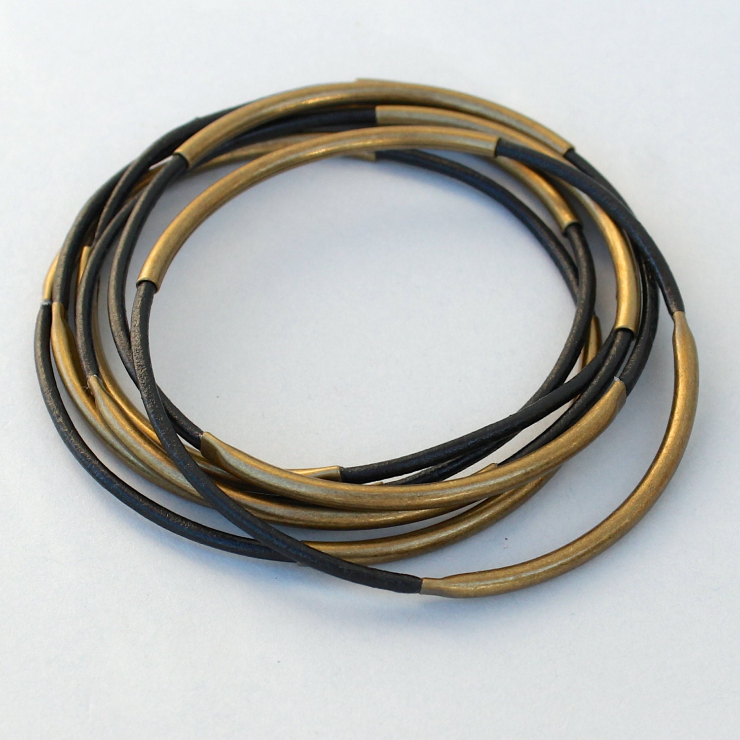3 LEATHER Bangle DOUBLE Tube Bracelet - BLACK Leather Stack Bracelet - Gold / Silver / Antiqued Gold Tube - Lead Free Indian Leather
