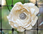 Ivory Layered Satin Rose with Burnt Singed Edges and a Diamond/Rhinestone Center - Clip, Headband and/or Brooch Pin
