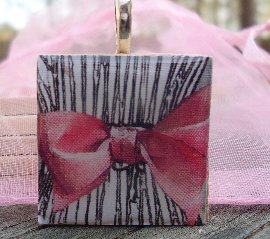 Black & White with Pink Bow, Cute Wood Pendant Tile Necklace