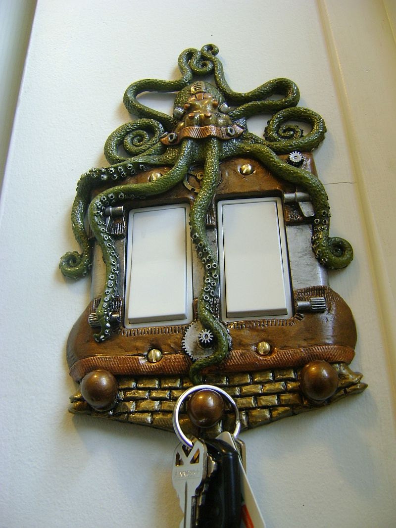 Green Octopus Steampunk Rocker style Light Switch Cover with Keychain Hanger. Animal Wall Art Sculpture Installation.