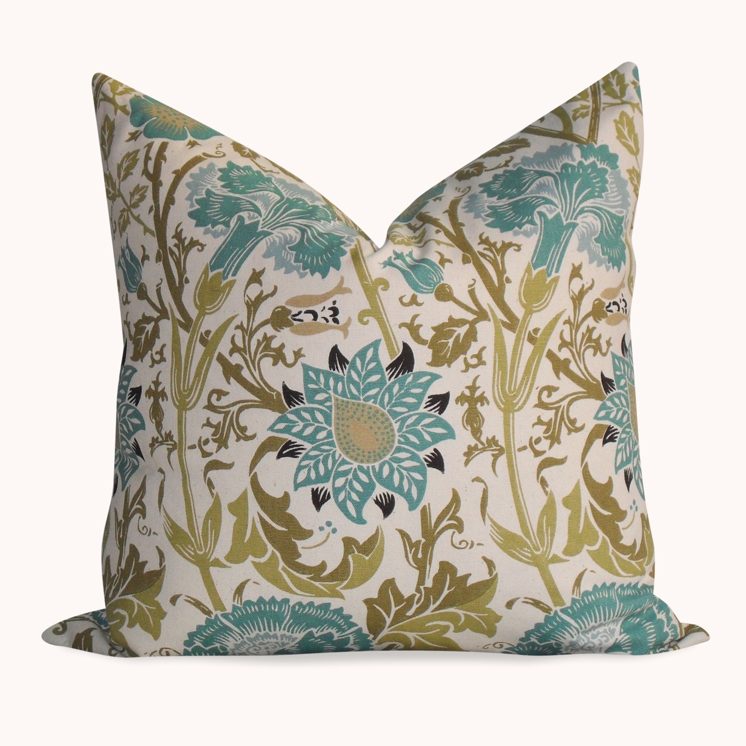 Floral Pillow Cover - 18x18 - Soft Blue, Brown, Warm Green on Natural Throw Pillow - SAME Fabric BOTH SIDES - Invisible Zipper