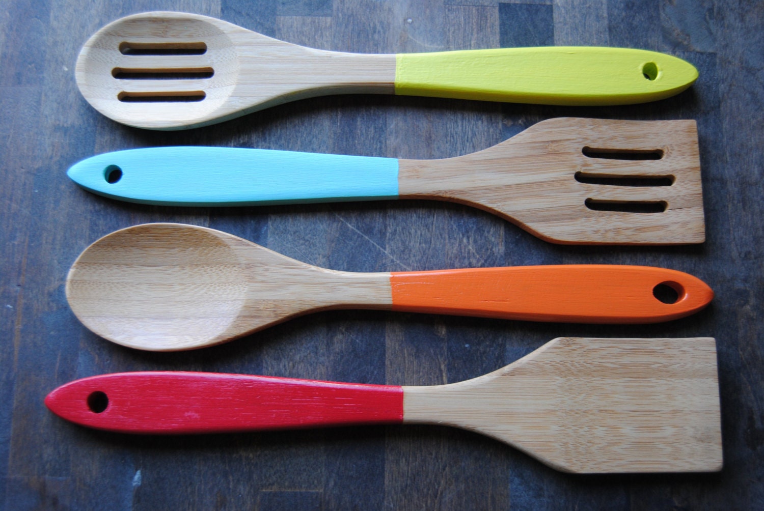 Set of 4 Dipped 12" Wooden Bamboo Slotted Solid Kitchen Servers Cooking Spoons & Spatulas - Hot Air Balloon - Yellow, Blue, Orange, Red