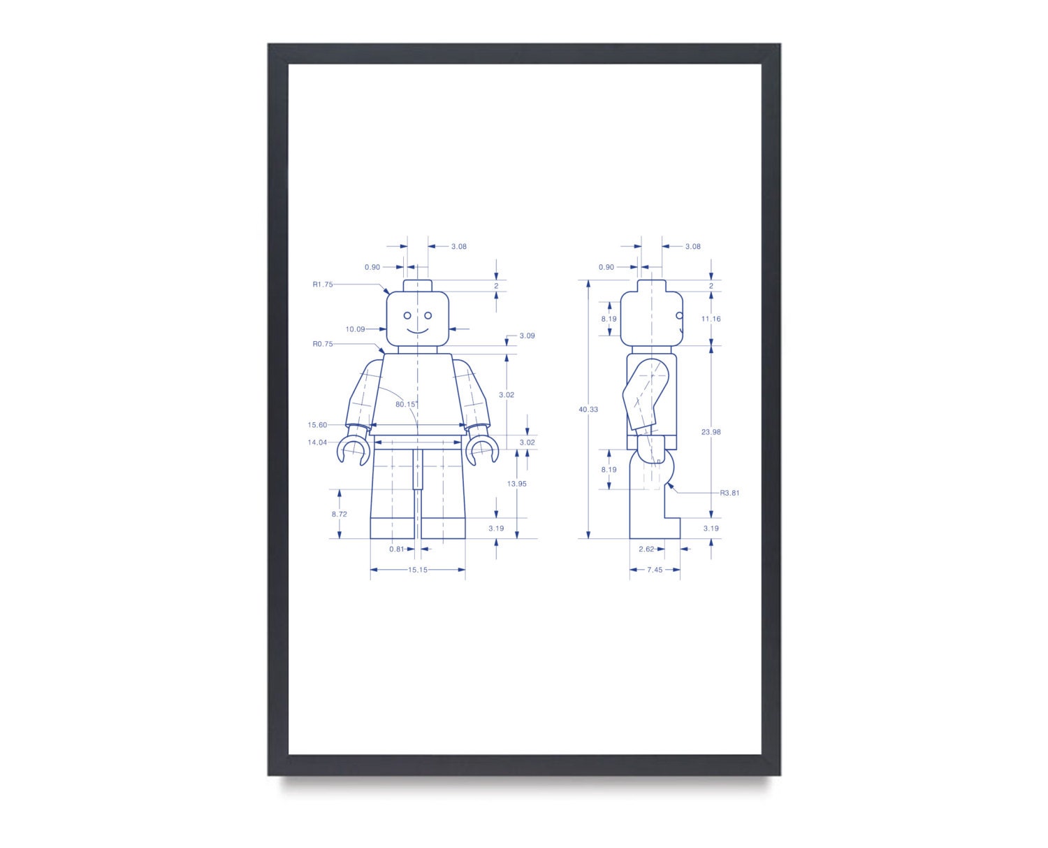 LEGO MAN Art Print Typical Lego Minifigure Technical Drawing in Blue On White 13x19