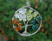 Four Seasons Tree of Life Pendant - Silver Tree of Life - Peridot, Quartz, Malachite, Baltic Amber - Sterling Silver Tree Pendant