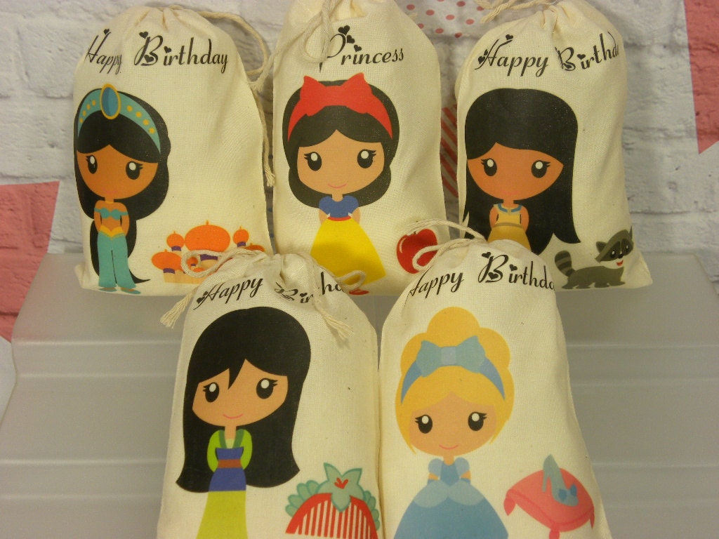 Muslin Favor Bags Princess Group 1 Personalized Treat or Gift Bags 4" X 6" Qty 5