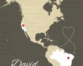 Custom Designed and Printed North and South America Map - Love Heart Pattern - 20x30 Silhouette Art. Perfect Wedding Couple Gift