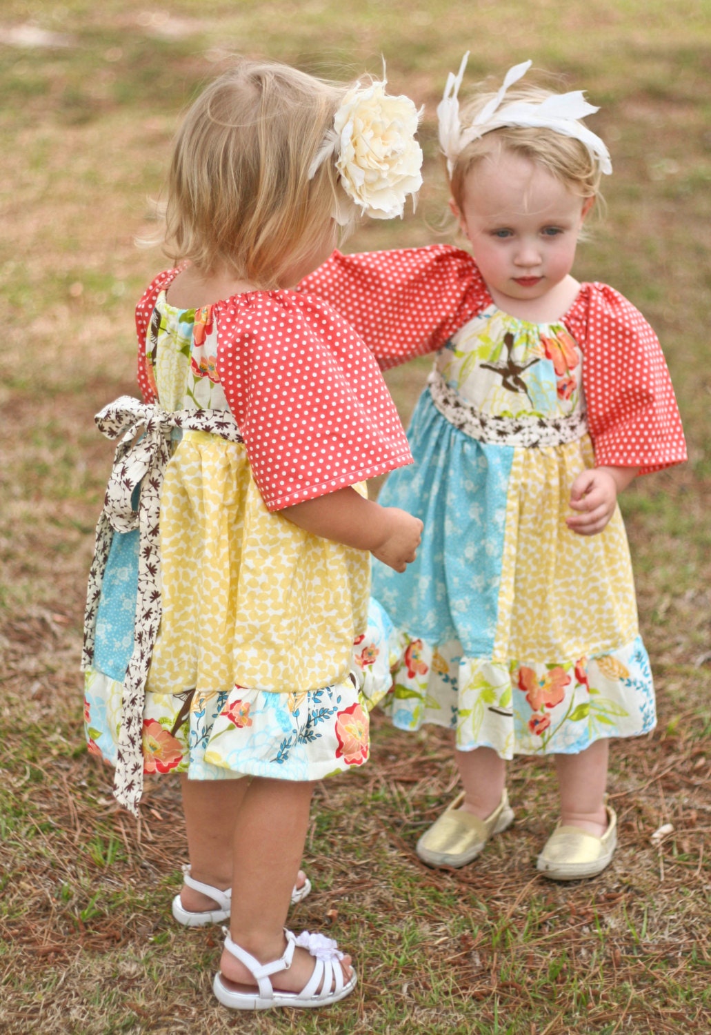 2T Esther's OOAK Wide Sleeve Peasant Dress with Birds and Flowers and a Tied Waist Sash