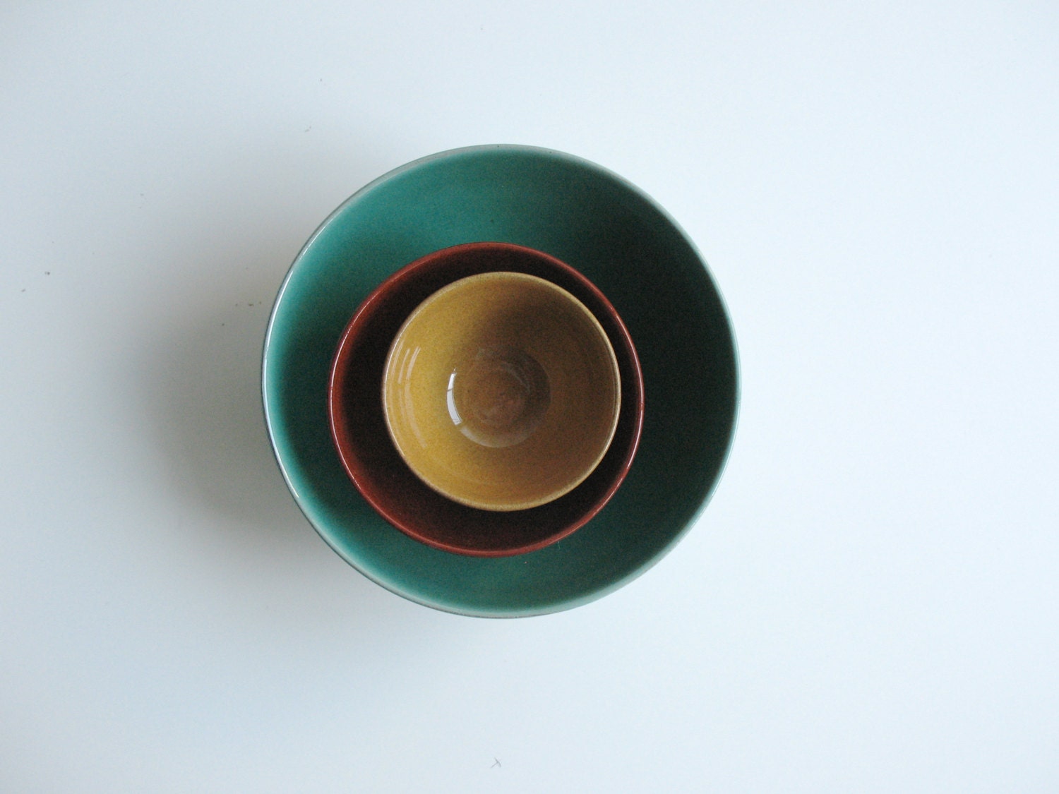 Ceramic nesting bowls in Green Brown and Mustard Food prep Kitchen servings - Ready to ship