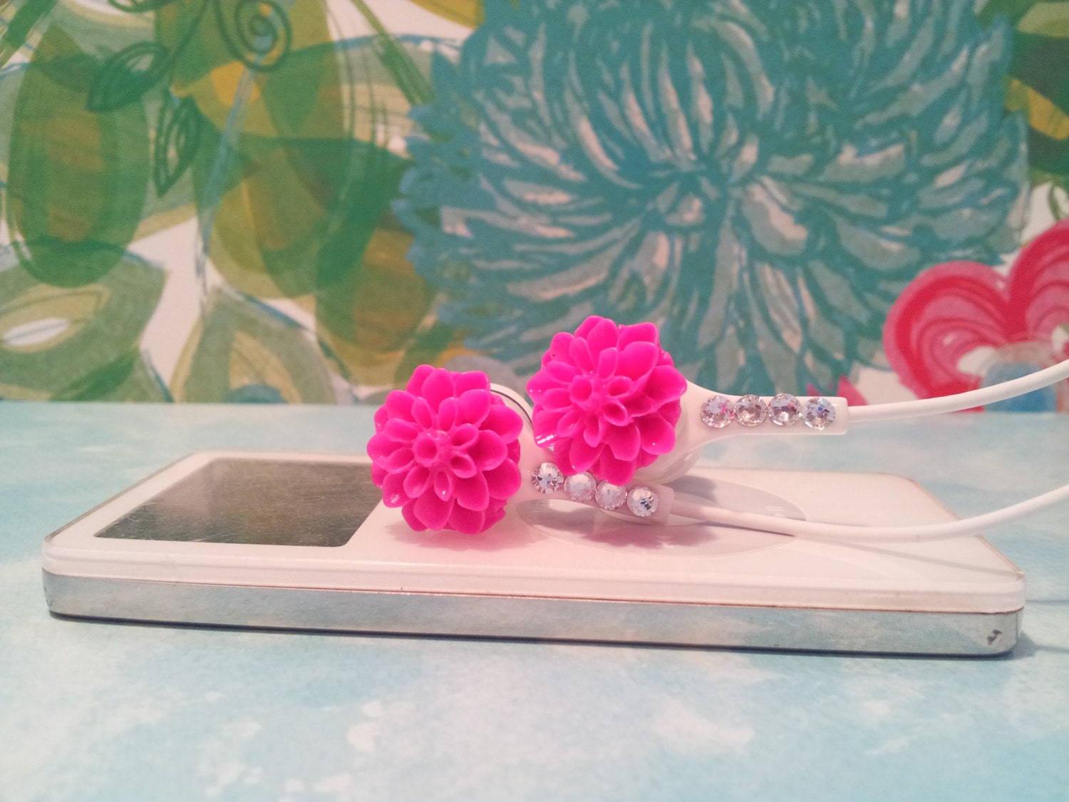 Cute Hot Pink Dahlia Flower Earbuds with Swarovski Crystals