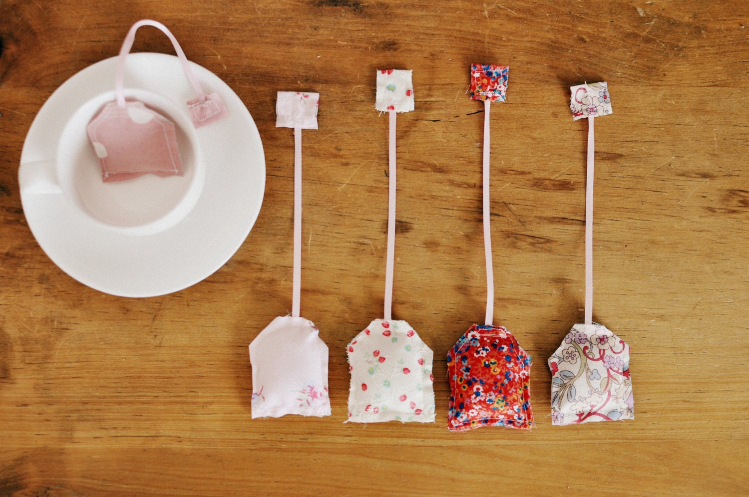 Set of 5 girly pink and floral cotton fabric tea bags tea party high tea play toy food set