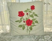 Vintage Embroidered Throw Pillow with Red Rose Buds. Embroidery, Crewel Handmade. Red, Off White, and Green.