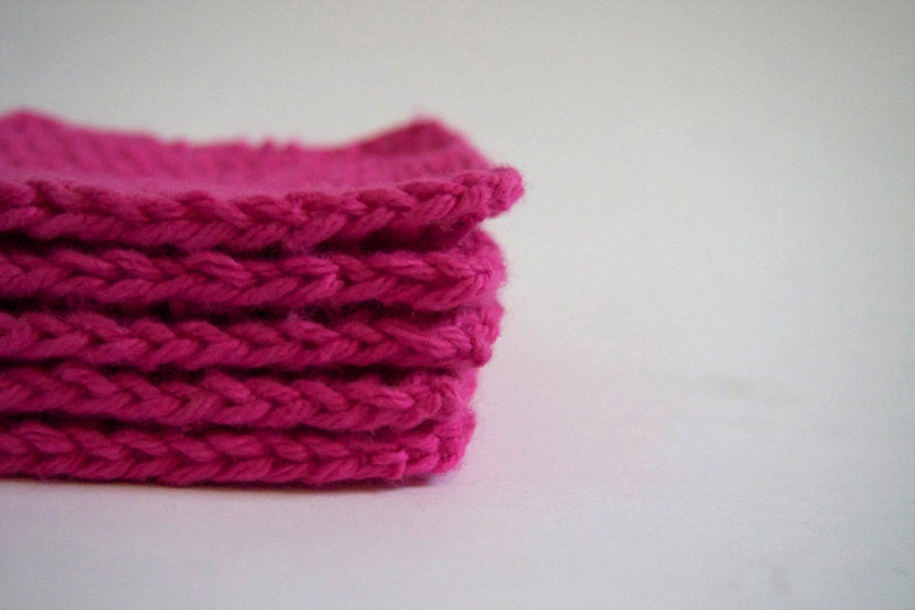 hand knit hot pink cotton face scrubbies, set of 5