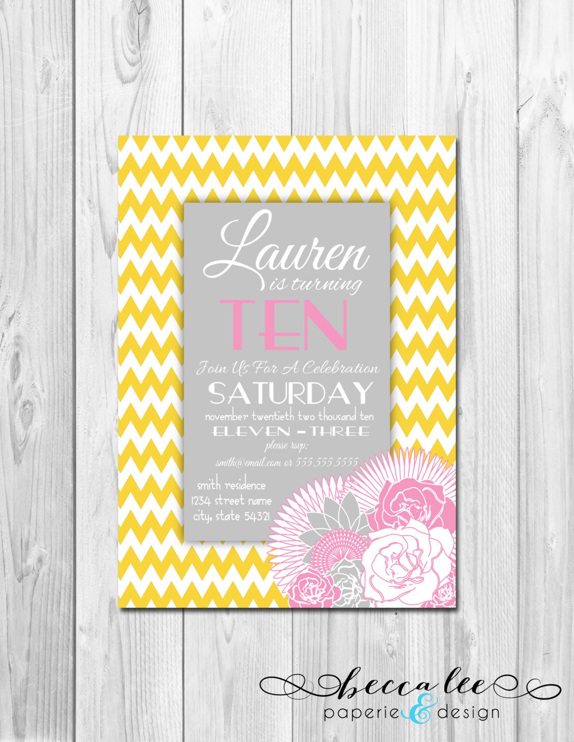 Birthday Party Invitation Chevron Stripes & Floral - Pink, Yellow, Grey - DIY - Printable Il_570xn