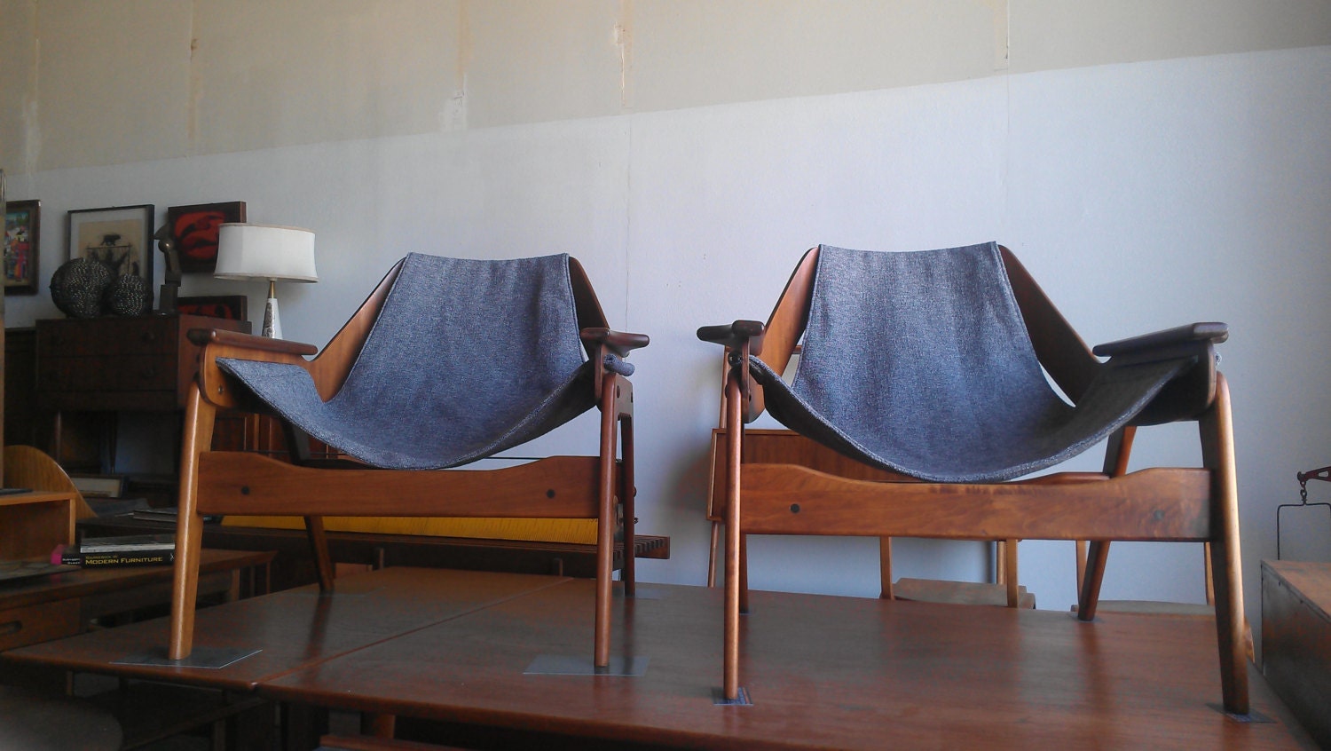 Pair Jerry Johnson Mid Century Modern Sling Lounge Chairs