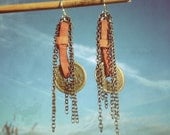 40% OFF- rendezvous- antiqued brass coins, reddish-brown leather, brass chain with sterling silver earring wire