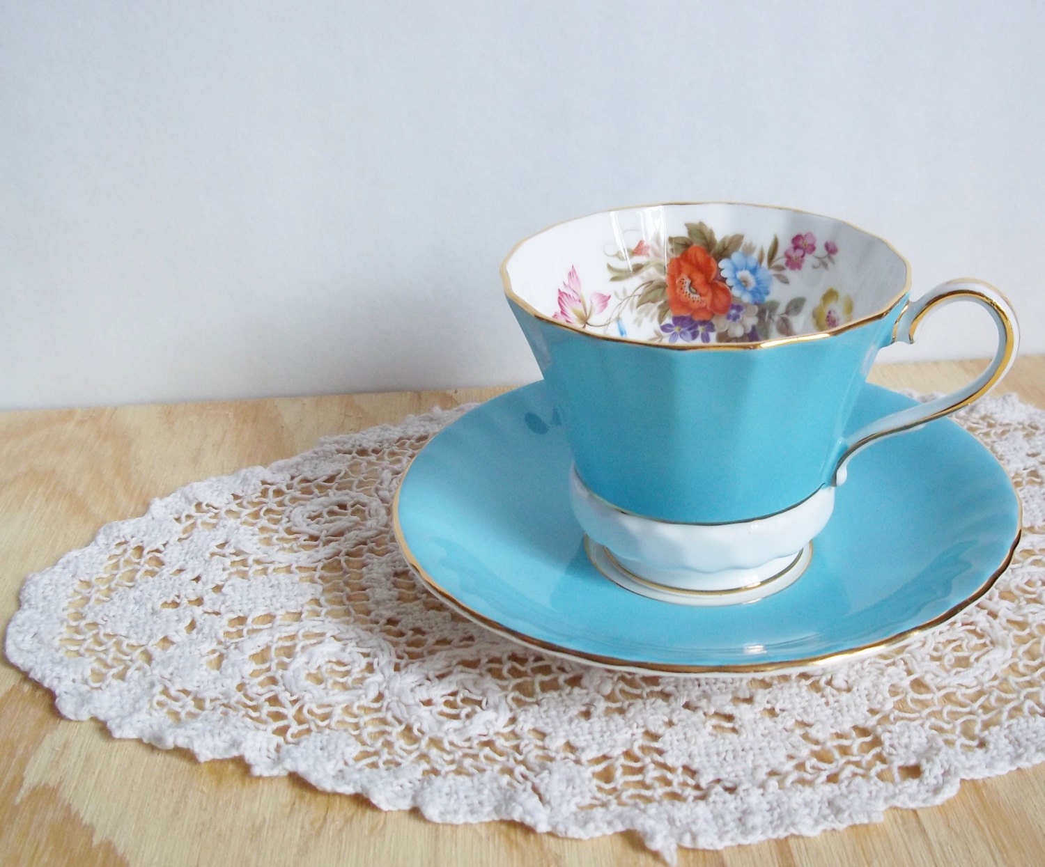 Vintage Aynsley China Teacup and Saucer Aqua Teal Collectibles Shabby Cottage Decor Housewares Mint