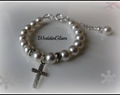 Baptism-Christening-First Communion Jewelry-Baptism-Cross Baby Bracelet-Baby Keepsake Steling Silver chain Cross Charm Swarovskio pearl