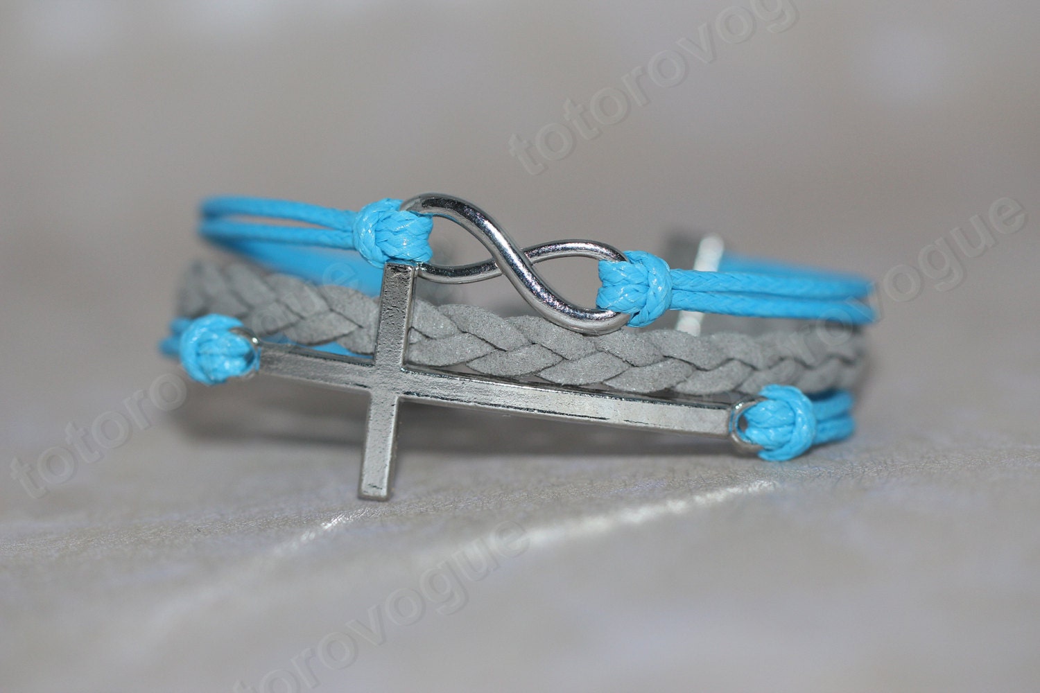 HQ silvery bracelet infinity cross bracelet turquoise with grey color  God's blessing gift for friends for boys girlfriend