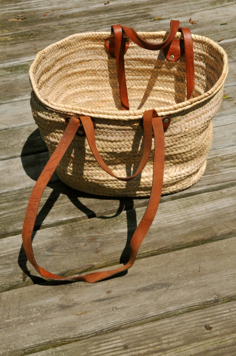 Huge Vintage Woven Straw Tote Market Bag with Leather Handles