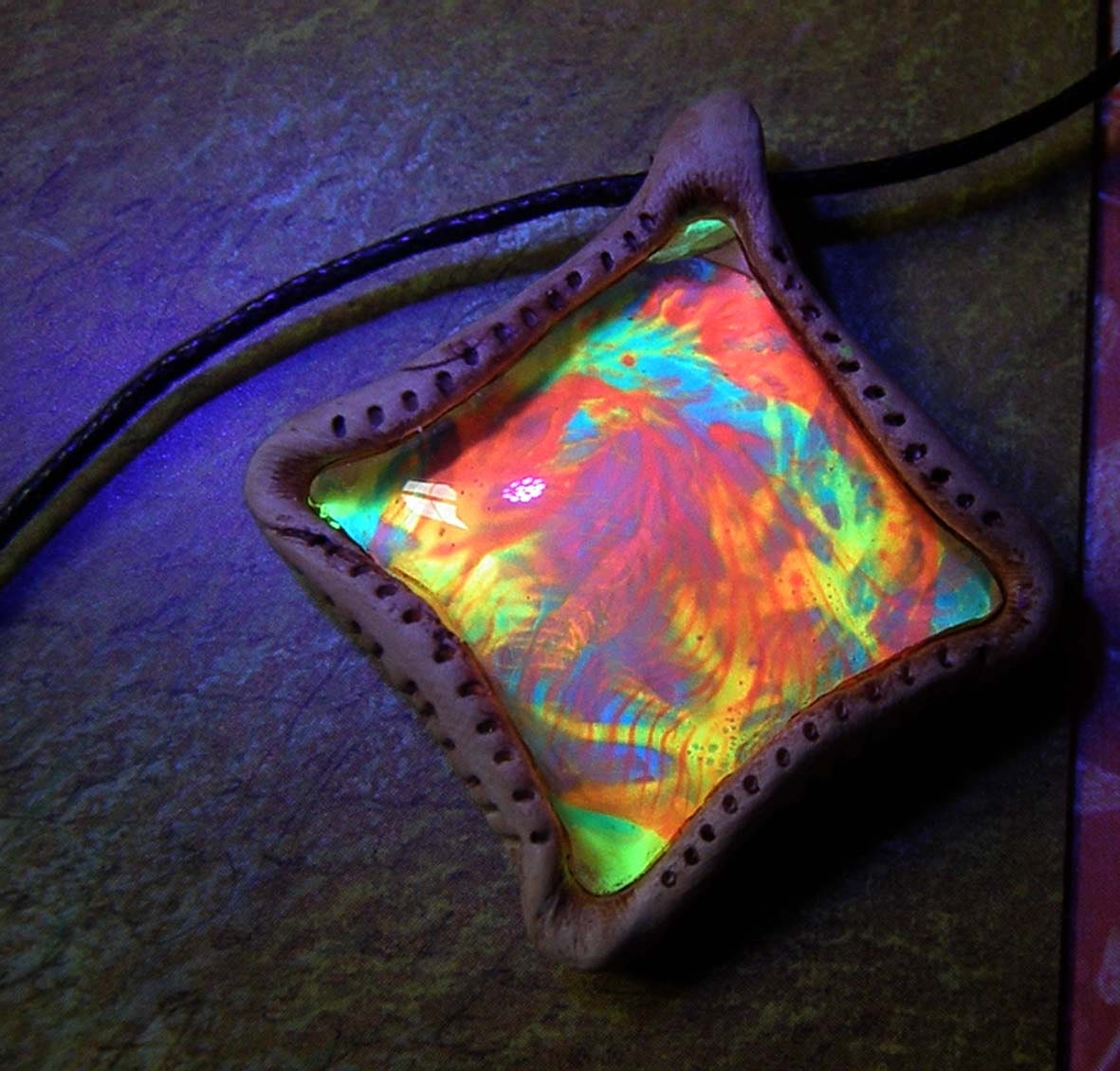 Psychedelic Art Pendant Black Light Fluorescent Hippie Necklace Mens Square Glass Trippy Jewelry Colorful Shiney Gypsy