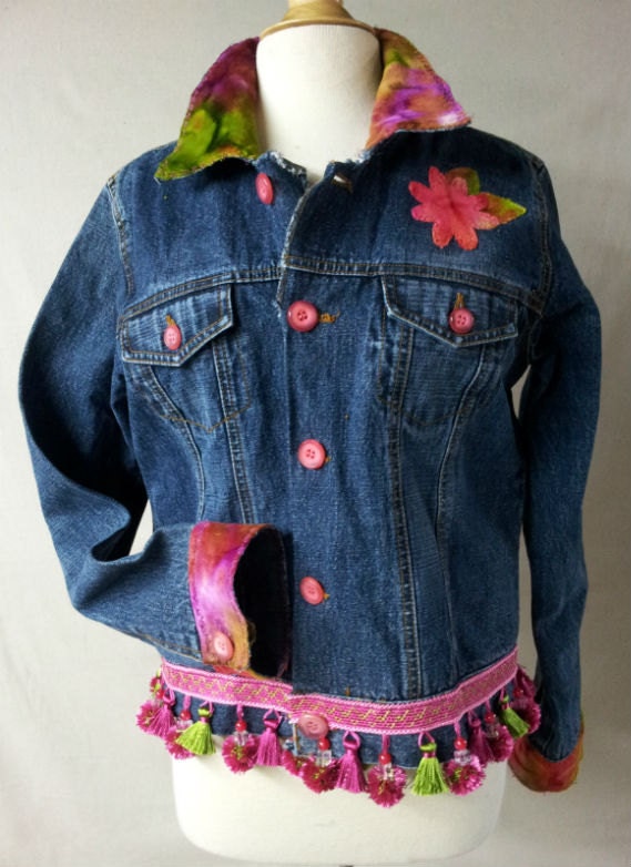 Upcycled Denim jacket Large, with Velvet Accents