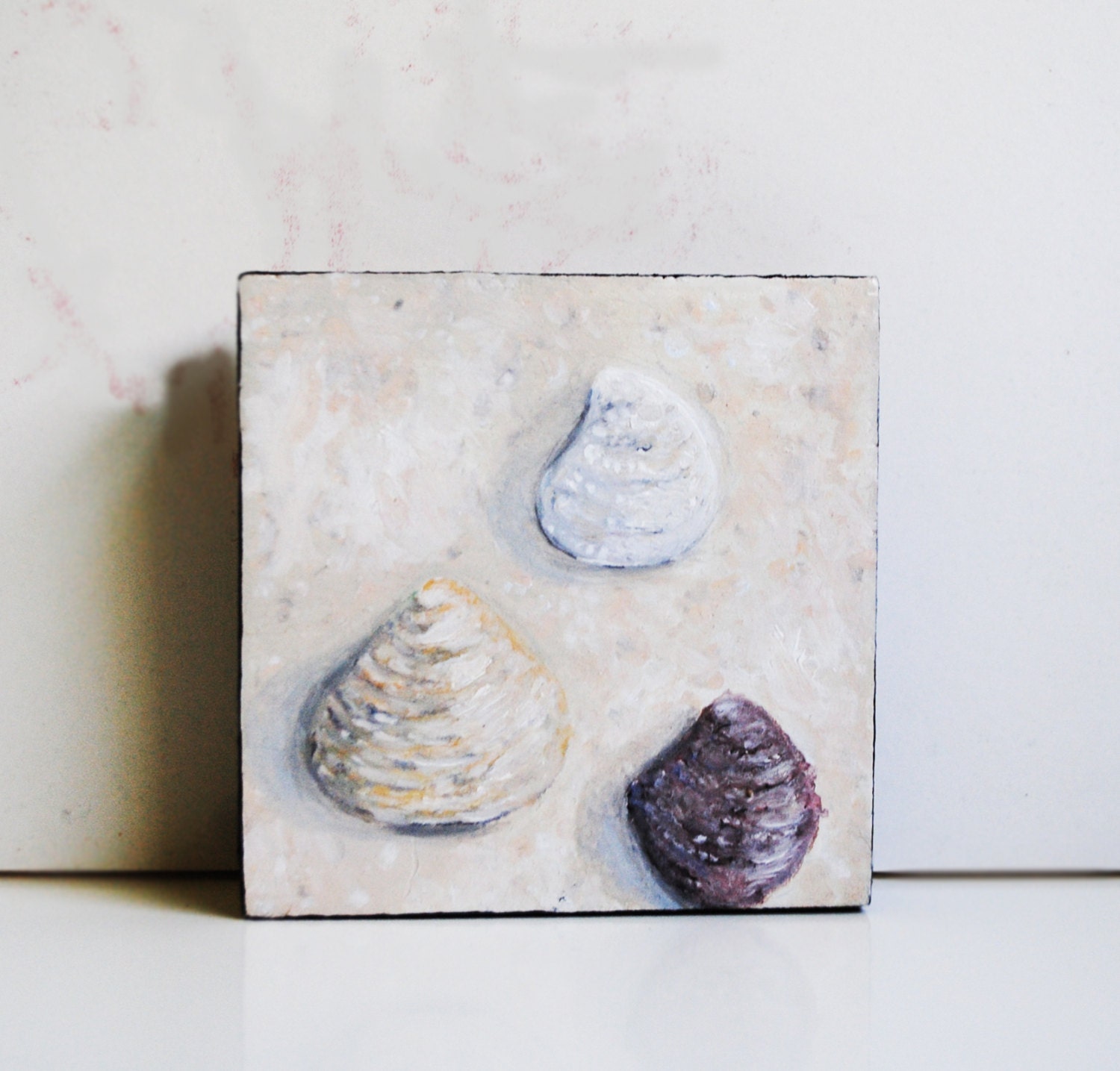 Trio of Sea Shells Painting.   Oil Painting on Wood.  Small Original Artwork. Beach.  Summer.  Home Decor.