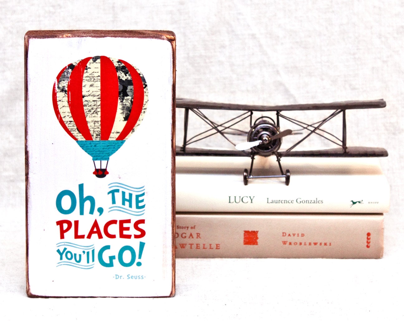 Oh, the Places You'll Go - Dr. Seuss quote - colorful hot air balloon art on salvaged wood