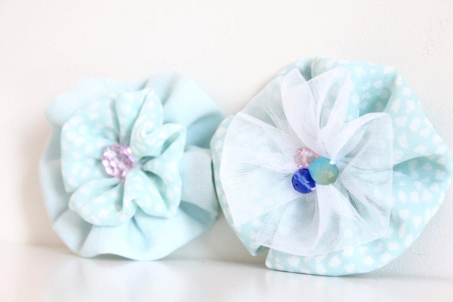 Girls hair accessory - Fabric flowers - Soft mint - Set of 2 - Choose - Hair clip - Headband - Ponytail holder - Brooch