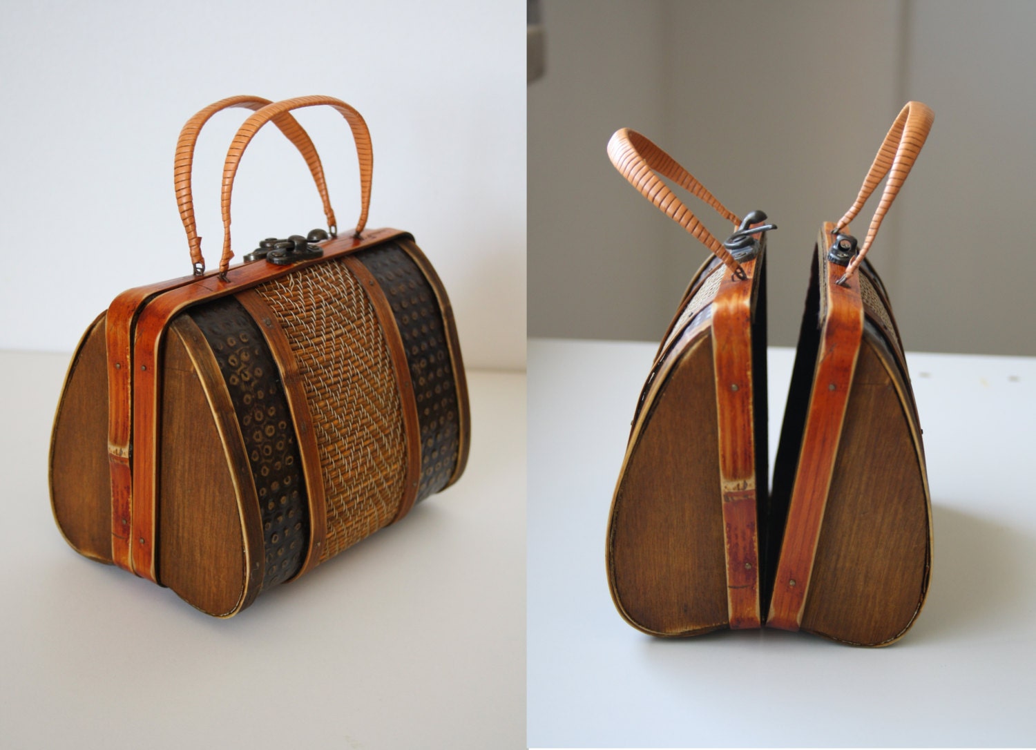 50s60s Wicker, Tin and Wood Small Purse  Vintage Rare and Unique Mid ...