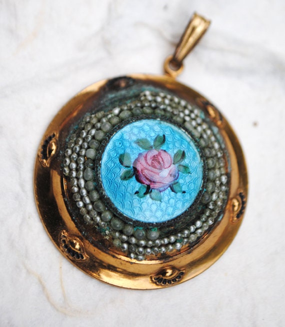 Vintage Enamel Glass Rose Pink Blue Faux Seed Pearl Brass Clam Shell Pendant