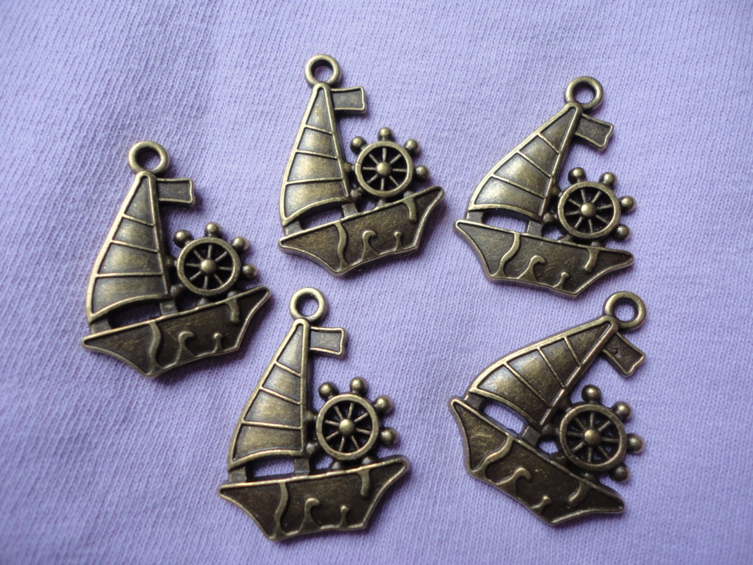 5 Ship boat charm pendants brass bronze