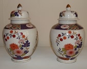 PAIR of Matching Ginger Jars Asian Canisters Set Intricate Flower Patterns Vivid Colors