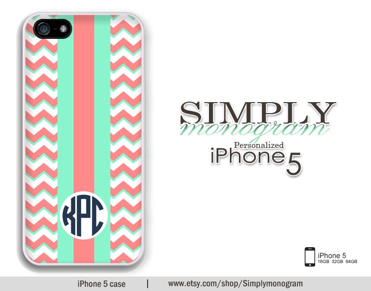 iphone 5 case - personalized iphone - plastic or silicone rubber - mint and coral chevron monogram