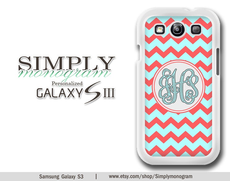 Samsung Galaxy S3 Case  Samsung Galaxy SIII Case - Plastic and Rubber - blue and coral chevron monogram