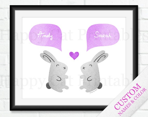 Bunny Cute Personalized COUPLE Art Printable Wall Decor Name Wall Art DIY Home Decor Rabbit Animal Purple Gray Print Custom Love Heart 8x10