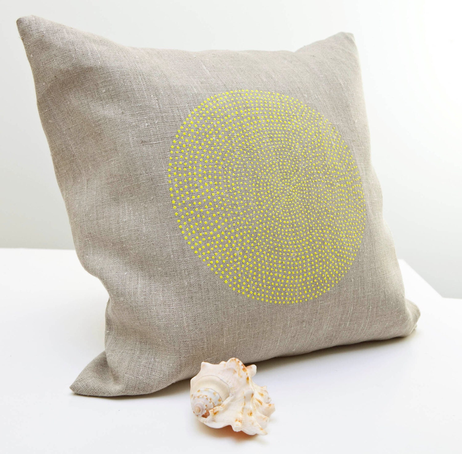 Yellow sun. Hand Printed  pillow , Spring yellow points  on natural grey linen fabric - handmade pillow cushion cover, home decor
