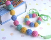 Girls jewelry, necklace and bracelet, set of 2, crochet childrens jewelry, wooden beads, kids photo prop jewelry, Ready for shipping - NatkaLV