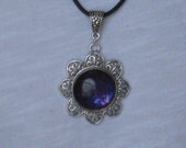 Nail Polish Jewelry, Round Purple Flower Pendant, OOAK Statement Necklace, Antique Silver Scrollwork, Sun Shaped Pendant, Victorian inspired