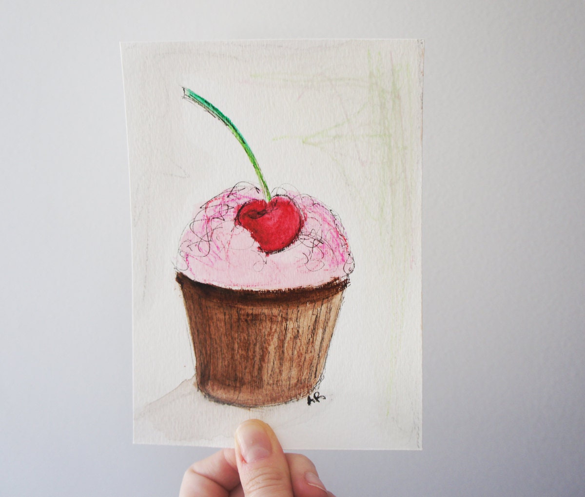 Cherry Chocolate Cupcake Original Watercolor Painting