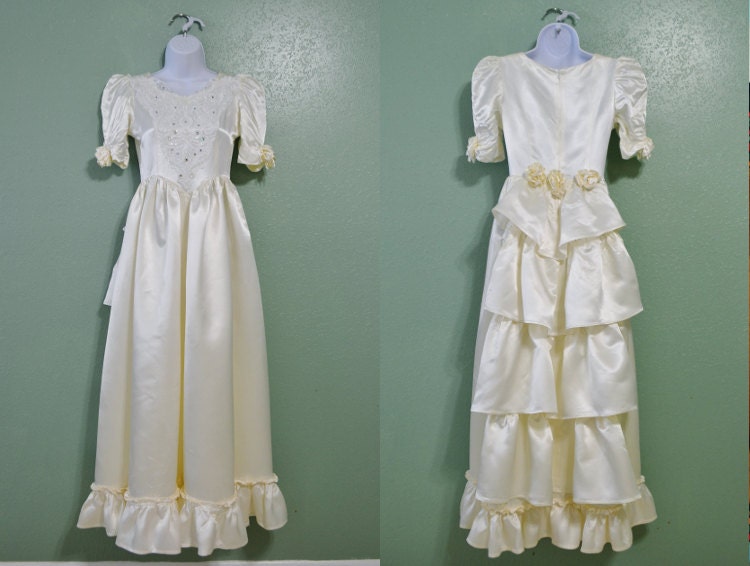 40's Off White Lace Satin Rhinestone Sequin Embellished Floral Ruffle Back Short Sleeve Wedding Formal Evening Dress Size XXS XS 00 0 1 2